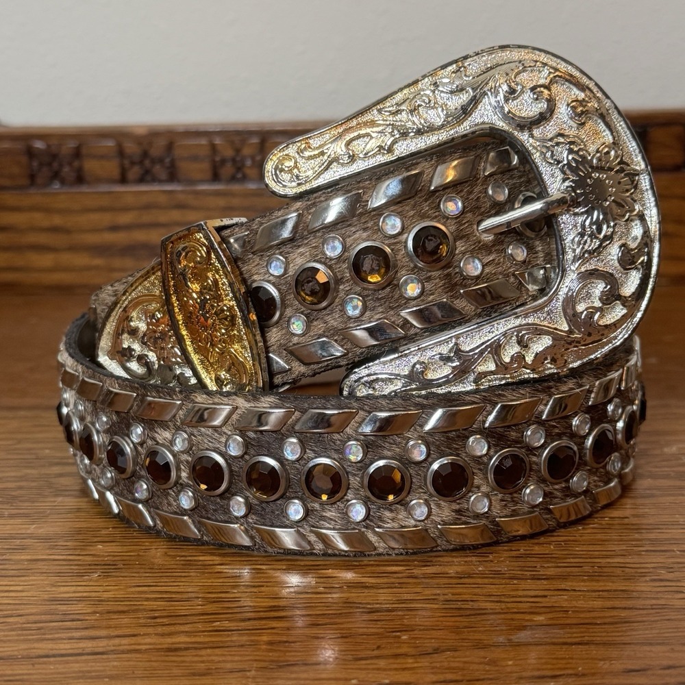 Western Cowgirl Bling Belt M 38" Rhinestone Crystal Studded Hair-On Hide Rodeo